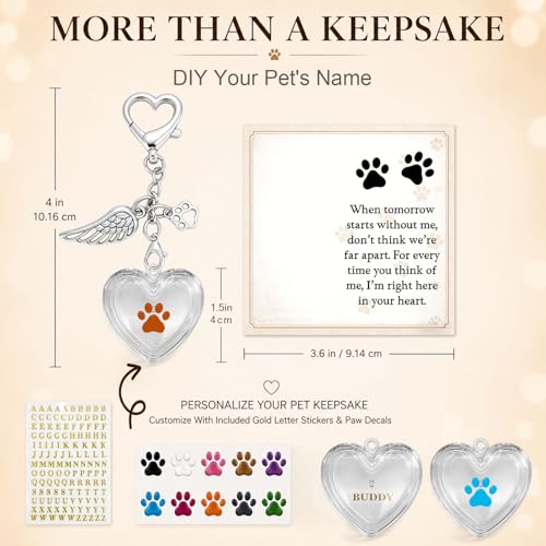 Personalized Pet Fur Keepsake Memorial Locket, Clear Heart for Dog Cat Fur or Photo, Pet Hair Keepsake DIY Name Stickers Included, Sympathy Gift for Loss of Pet, Memory Charm for Women Kids