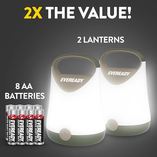 Eveready LED Camping Lantern X-250 (2-Pack), Super Bright Tent Lights, Rugged Water Resistant LED Lanterns, 100 Hour Run-time (Batteries Included), Green/Tan - color: Green/Tan, size: 2-Pack