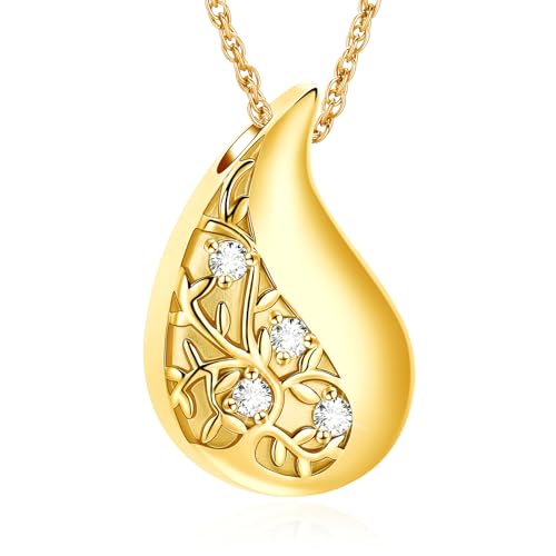 Tree of Life Teardrop Urn Necklace for Ashes Teardrop Crystal Cremation Jewelry Celtic knot Ashes Pendant Stainless Steel Keepsake Memorial Jewelry for Women Men - color: Gold