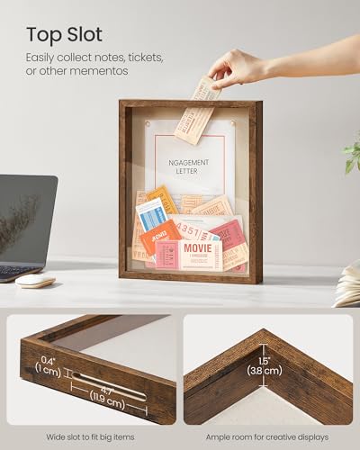 SONGMICS 11x14 Shadow Box Frame, Top Loading Display Case Frame , Glass Front with Top Slot and Push Pins, Linen Fabric Backing for DIY Craft, Gift Idea,Rustic Brown URPF009KD01 - color: Rustic Brown, size: 11 x 14"