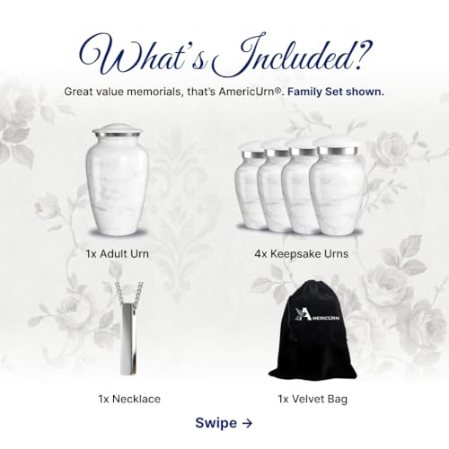Set of 6 Custom Engraved Cremation Urns for Human Ashes Includes 1 Large Urn with 4 Small Keepsakes & 1 Silver Necklace - White Marble - color: White Marble - Custom