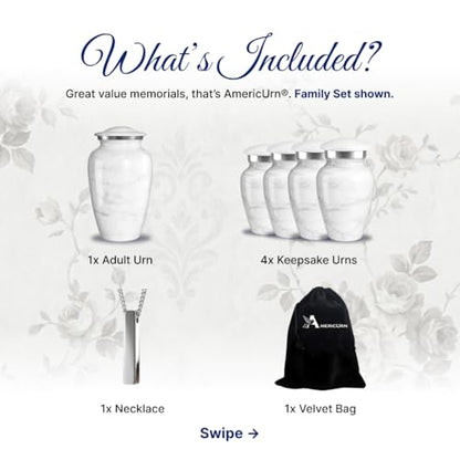 Set of 6 Custom Engraved Plaque Cremation Urns for Human Ashes Includes 1 Large Urn with 4 Small Keepsakes & 1 Silver Necklace - White Marble - color: White Marble - Plaque