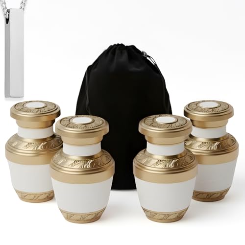 Keepsake Mini Urn for Human Ashes Adult Male & Female Funeral & Cremation Small Urns for Human Ashes Set of 4 Keepsake & 1 Ash Necklaces for Men & Women - color: White & Gold Keepsake Set