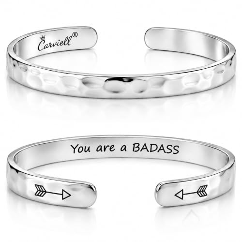 Bracelets for Women – 100+ Meaningful Engraved Messages – Solid 316L Surgical Stainless Steel Cuff Bracelet – Gift Ready - color: BADASS Gift - You are a Badass
