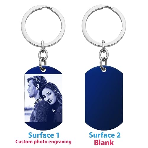 Photo Keychain Custom Picture Keychain Customized Gifts Laser-Engraved/Color Gifts For Boyfriend Hubsand Wife - color: Engraving (Black&white): 1 Side Photo (Blue)