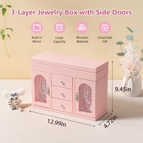 Musical Jewelry Box for Girls, Large Wooden Kids Jewelry Organizer with Spinning Ballerina & Mirror, 5-Layer Storage with Drawers & Side Doors, Pink Jewelry Box for Girls Birthday Christmas & gifts