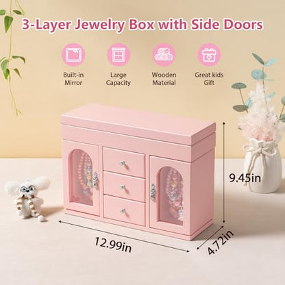 Musical Jewelry Box for Girls, Large Wooden Kids Jewelry Organizer with Spinning Ballerina & Mirror, 5-Layer Storage with Drawers & Side Doors, Pink Jewelry Box for Girls Birthday Christmas & gifts