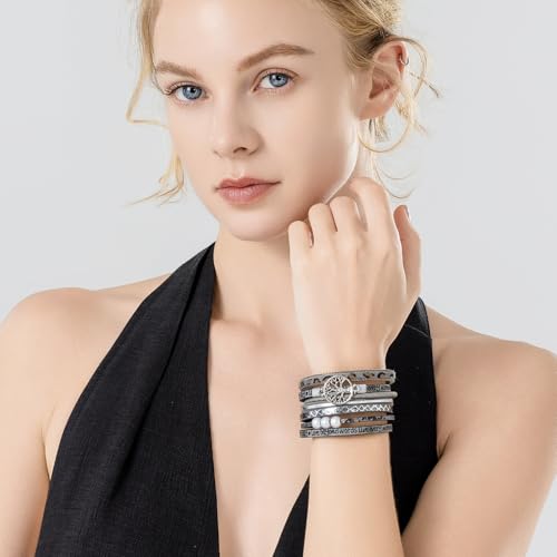 Tree of Life Inspirational Leather Wrap Bracelets Boho Western Cowgirl Cuff - color: Gray Cheetah