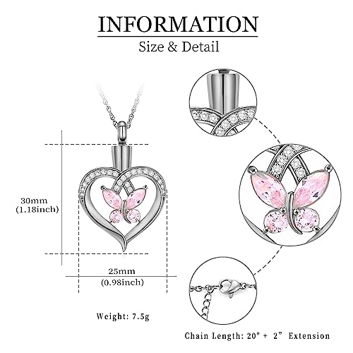 Imrsanl Butterfly Heart Pendant Cremation Urn Necklace for Women - color: Silver-Pink