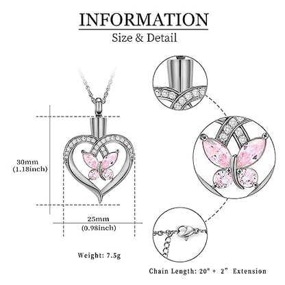 Imrsanl Butterfly Heart Pendant Cremation Urn Necklace for Women - color: Silver-Pink