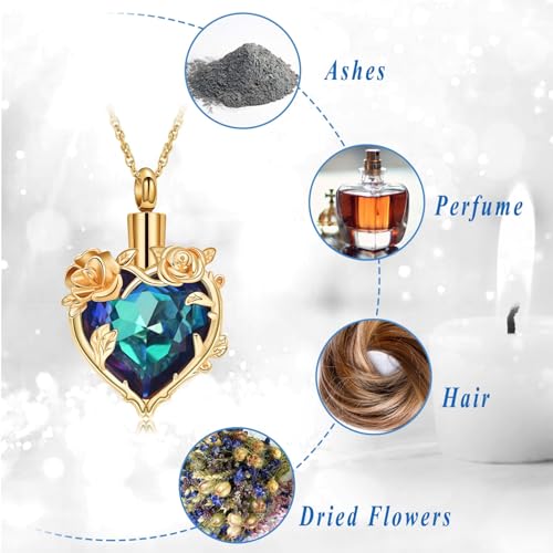 Cremation Jewelry for Ashes Rose Flower Urn Necklace with Crystal Heart Ashes Pendant Butterfly Necklaces for Women Men Memorial Keepsake Jewelry Gift - color: Gold-blue