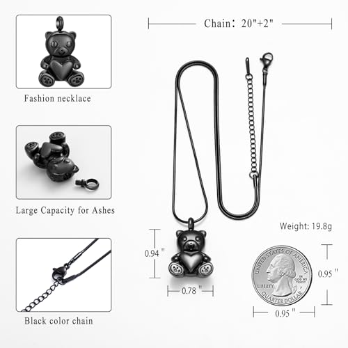 Cremation Jewelry - Teddy Bear Urn Necklace for Men Women with Mini Keepsake Urn Memorial Ash Jewelry - color: Black