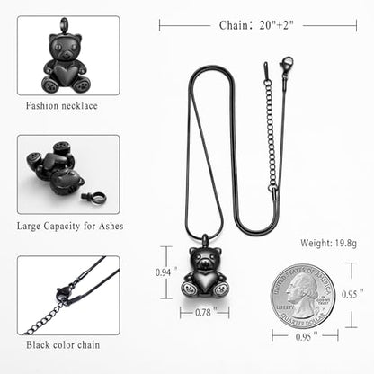 Cremation Jewelry - Teddy Bear Urn Necklace for Men Women with Mini Keepsake Urn Memorial Ash Jewelry - color: Black