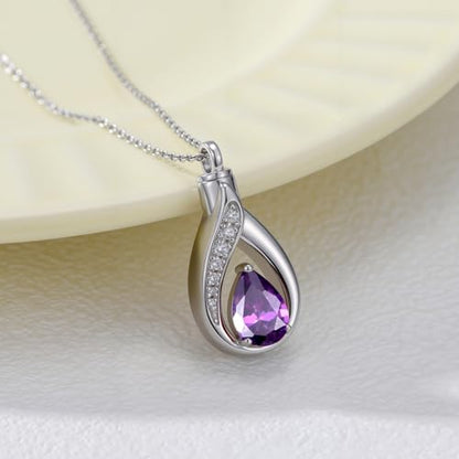 Teardrop Urn Necklace for Ashes Birthstone Keepsake Pendant Cremation Jewelry for Ashes Memorial Jewelry Gifts for Loss of a Loved One for Women - style: Feb-Amethyst