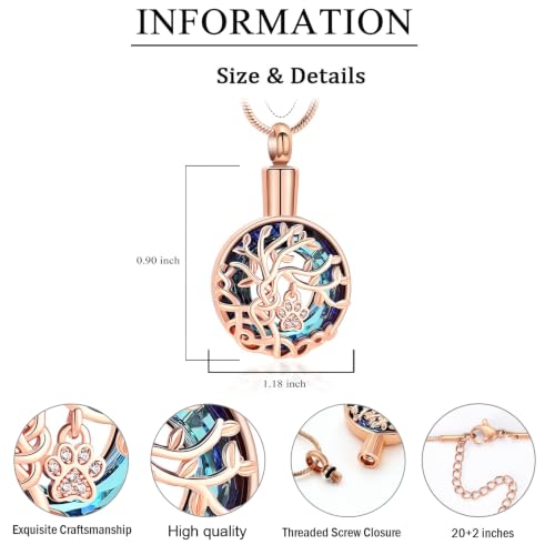 zeqingjw Pet Cremation Jewelry Tree of Life Urn Necklace for Ashes for Dog/Cat Funeral Ashes Keepsake Paw Print Urn Pendant Memorial Jewellery - color: Rose Gold-Blue