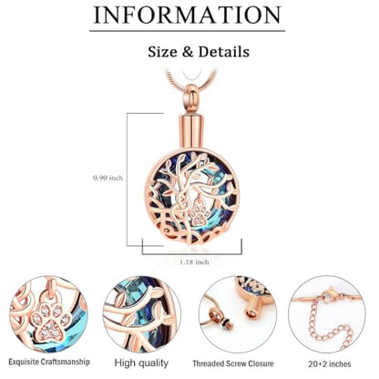 zeqingjw Pet Cremation Jewelry Tree of Life Urn Necklace for Ashes for Dog/Cat Funeral Ashes Keepsake Paw Print Urn Pendant Memorial Jewellery - color: Rose Gold-Blue