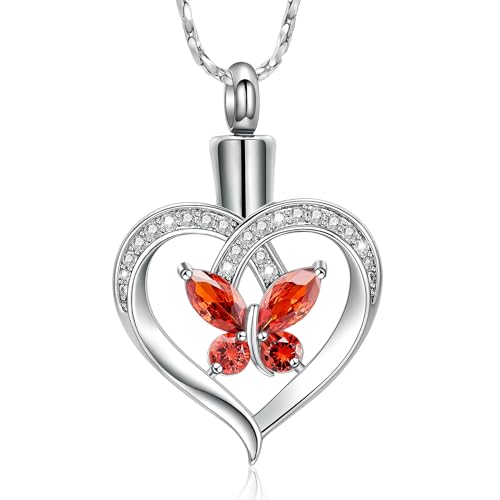 Imrsanl Butterfly Heart Pendant Cremation Urn Necklace for Women - color: Silver-Red