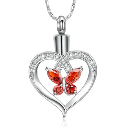 Imrsanl Butterfly Heart Pendant Cremation Urn Necklace for Women - color: Silver-Red