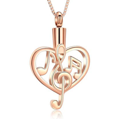 XSMZB Music Note Cremation Urn Necklace for Ashes of Loved One Heart Memorial Locket Hold Ashes Keepsake Pendant for Women Men - color: Rose Gold