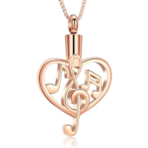 XSMZB Music Note Cremation Urn Necklace for Ashes of Loved One Heart Memorial Locket Hold Ashes Keepsake Pendant for Women Men - color: Rose Gold