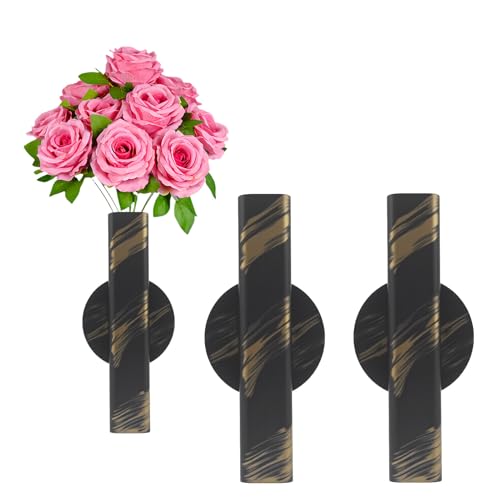 Self Adhesive Wall Vase Metal Tube Decoration Holder Used to Display Dried Flower, Faux Flowers, Fake Flowers, Also Suitable for Cemetery Memorial Decoration (2 Pcs Black and Gold Stripe) - color: 2 Pcs Black and Gold Stripe