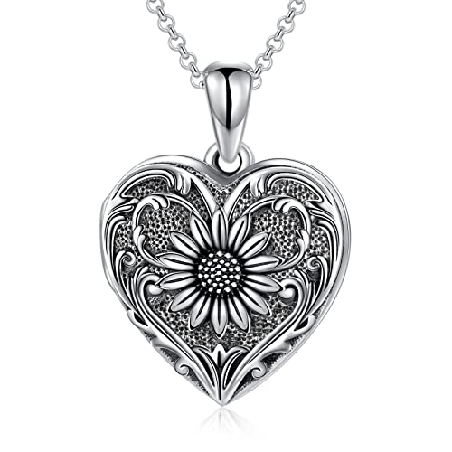 SOULMEET Personalized Silver Locket Necklace That Holds Pictures Photo Keep Someone Near to You, Memorial Custom Lockets Necklaces Letters Engraving for His Her - color: A3-Sunflower-Black, style: Locket Necklace Only