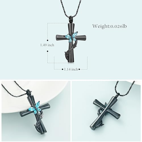 Imrsanl Cross with Butterfly Urn Necklaces for Ashes for Women - color: Black Light Blue
