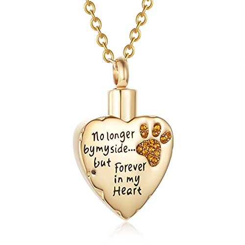 Fashion Pet Cremation Jewelry Stainess Steel Heart Keepsake Ashes Necklace Dog Cat Paw Memorial Urn Pendant - color: Gold-Yellow