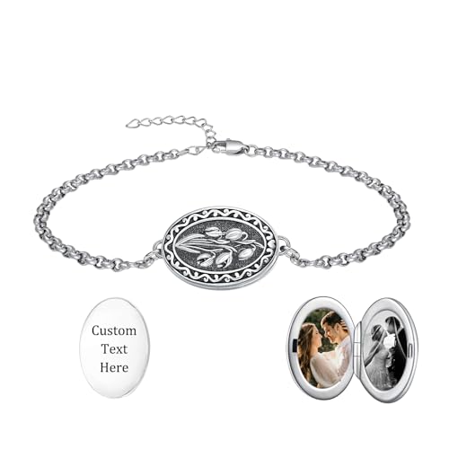 Birth Flower Photo Locket Bracelet 925 Sterling Silver 12 Month Locket Bracelet with Picture Birth Flower Photo Jewelry Gifts for Women Mother Mom Daughter - style: 01-January-Snowdrop-Custom