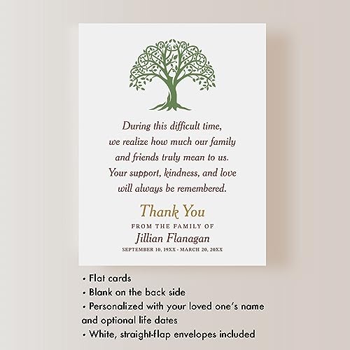 Green Tree Funeral Bereavement Thank You Cards | Memorial Sympathy Thank You Notes, 4.25x5.5", Personalized Note Cards, With Envelopes