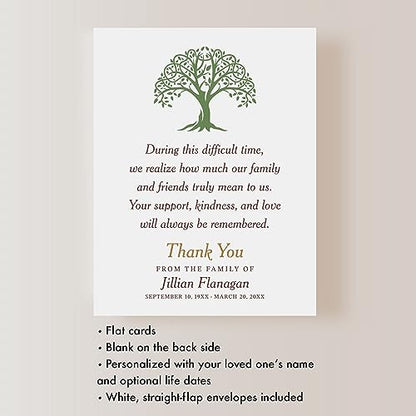 Green Tree Funeral Bereavement Thank You Cards | Memorial Sympathy Thank You Notes, 4.25x5.5", Personalized Note Cards, With Envelopes