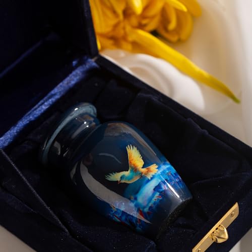 Small Keepsake Cremation Urn for Ashes - Beautiful Mini Memorial Urn with Velvet Box & Bag - color: Blue