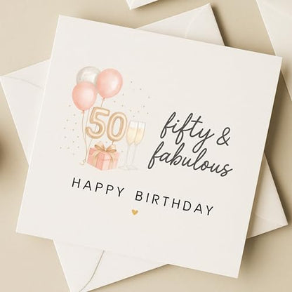 TEEMI-40th 50th 60th Birthday Card for Women - Fabulous Birthday Greeting Card with Envelope, Rose Gold Balloons Champagne Design, 300gsm Premium Cardstock, Blank Inside for Mom Sister Friend Wife (50th) - color: 50th