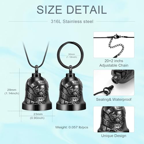 Eagle Love Cremation Keychain Bell Urn Necklaces for Ashes Keepsake Ash Pendant Memorial Urn Keychain Jewelry - color: Black-2pcs