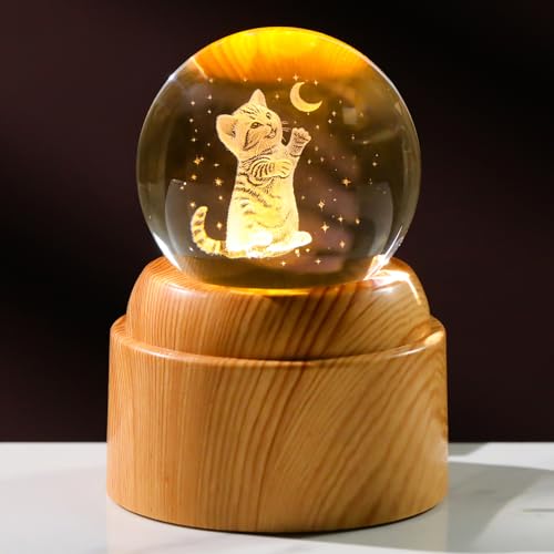 3D Cat Crystal Ball 2.36“ Engraved with Rotated Wood Base, Cat Lover Gifts for Women Girls Mothers Day Birthday Cats Decorative Globe Decor (Gifted Box) - color: Cat