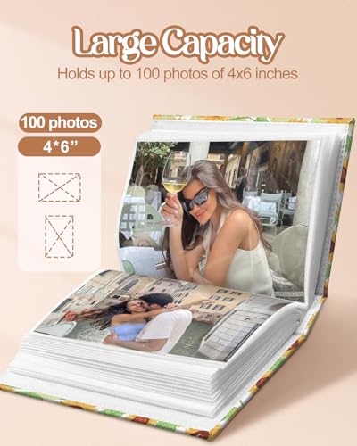 Slohif Photo Album 4x6 Pictures Leather Small Memory Book Keepsake for Family Wedding Postcard 100 Pockets Personalized Couples Photobook for Engagement Travel Vacation Birthday Honeymoon Sunflowers - style: Sunflower