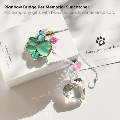 Dog Memorial Gifts, Pet Memorial Suncatcher, Loss of Dog Sympathy Gift | Thoughtful Dogs and Cats Bereavement Remembrance Gifts, Natural Cat's Eye Stone Paw Crystal Suncatcher - color: Jade