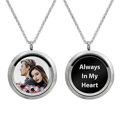 Personalized Color Photo Laser Engraved Text Message Floating Locket Crystals Pendant Necklace Handmade f/Birthday Anniversary Christmas Valentine Day Gift - color: Pink - Color Photo Printing + Message Engraving