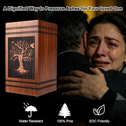 Wooden Cremation Urns for Human Ashes Adult Man Woman, Decorative Urns for Ashes Adult Male Female with Satin Bag, Large Burial Funeral Urn Box Holds 300 Cubic Inches (Tree of Life)