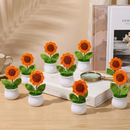 9 Pack Sunflower Crochet Flower Bouquet Pot Bulk Sunflower Thank You Gifts Handmade Knitted Flower Mini Floral Plant for Women Coworker Summer Wedding Home Table Car Decor - style: Sunflower