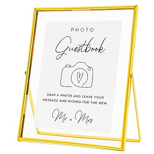 Calculs Photo Guest Book Sign, Gold 8x10 Floating Picture Frame | Double glass metal frame, fits 6x8 insert, photo guest book station, reusable tabletop frame for signs and photos - color: Gold