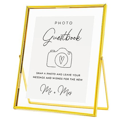 Calculs Photo Guest Book Sign, Gold 8x10 Floating Picture Frame | Double glass metal frame, fits 6x8 insert, photo guest book station, reusable tabletop frame for signs and photos - color: Gold