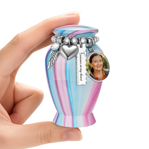 Customize Small Urn for Human Ashes Aluminium Keepsake Memorial | Mini Urn for Ashes, Meaningful Memorial Keepsake Gift, Durable Aluminum Cremation Urn with Elegant Design - style: Soft Pink-Azure-Customize