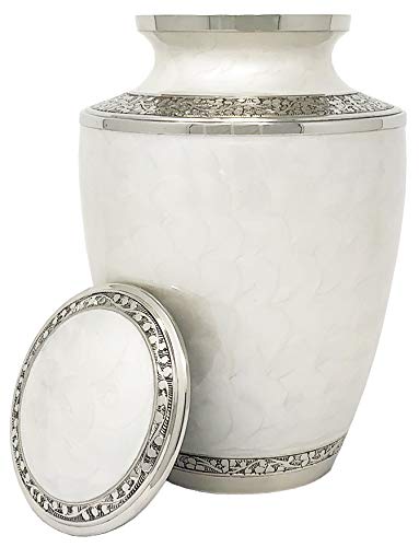 White Mother of Pearl Cremation Urn - White with Silver Accents, Adult Cremation Urn