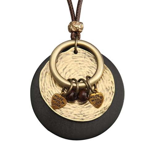 PU Leather Necklace Vintage Boho Multilayer Pendant for Women Men | Bohemian Hippie Style, Handmade Alloy Sweater Choker, Easy Adjustable Long Cord, Fit Daily Holiday Party Outfits,Jewelry Gift - color: Black Wood Gold Ring 3 Layers Necklaces