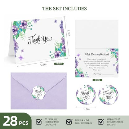 28 Pack Funeral Thank You Cards with Envelopes & Stickers, 6x8 Inches Foldable, Sympathy Bereavement Notes with Message Inside, Suitable for Memorial Services (Style 1)