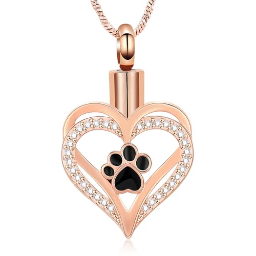 Yinplsmemory Pet Paw Print Heart Cremation Jewelry for Dog/Cat Ashes Keepsake Memorial Cremation Necklace Urn for Human/Pet Ashes - color: Rose gold
