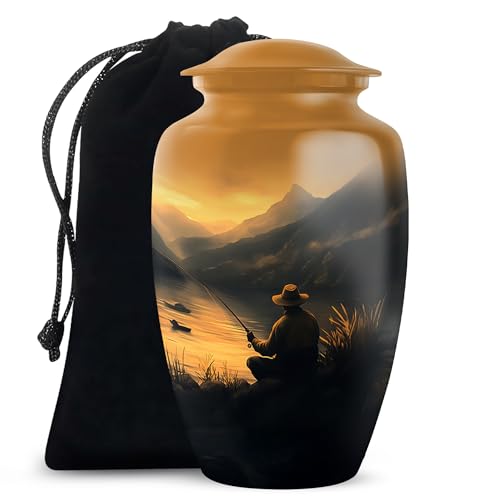 Fishing Cremation Urns for Human Ashes, Fisherman Funeral Urn for Ash, Memorial Gift for Male & Female, Medium, Yellow, 6 Inch - color: Fishing Urn -1, size: Medium-6Inch