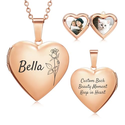 Personalized Heart Locket Necklace for Women with Picture Custom Inside Engraved Text Silver/Gold/Rose Gold Photo Locket Stainless Steel Memorial Gifts for Mom Daughter Grandmother - color: F3: Rose Gold