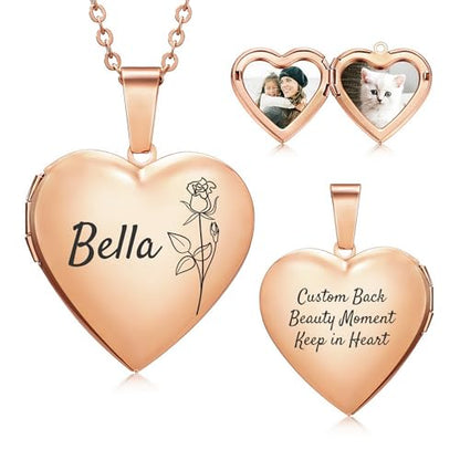 Personalized Heart Locket Necklace for Women with Picture Custom Inside Engraved Text Silver/Gold/Rose Gold Photo Locket Stainless Steel Memorial Gifts for Mom Daughter Grandmother - color: F3: Rose Gold